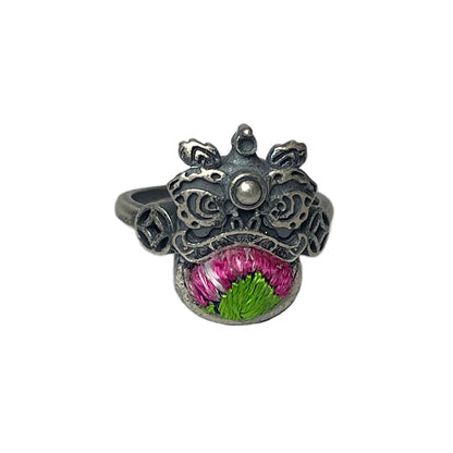 Miao Ethnic Hand-Embroidered, Lion for Power, Ring/X
