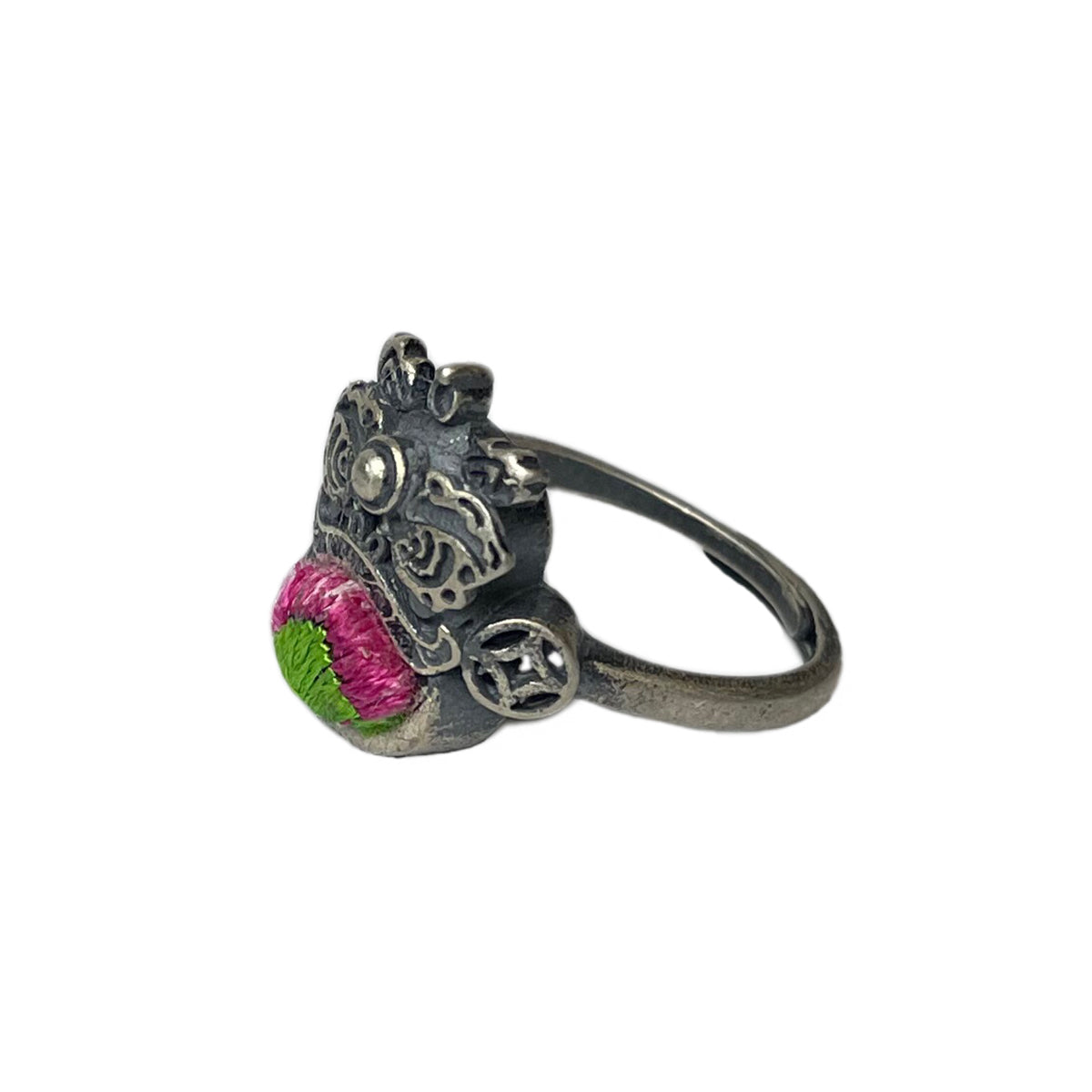 Miao Ethnic Hand-Embroidered, Lion for Power, Ring/X