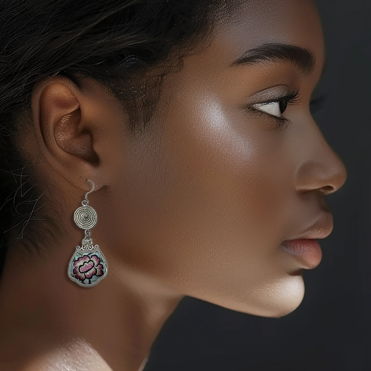 Miao Ethnic Hand-Embroidered,BronzeDrum for luck ,Earrings/B17