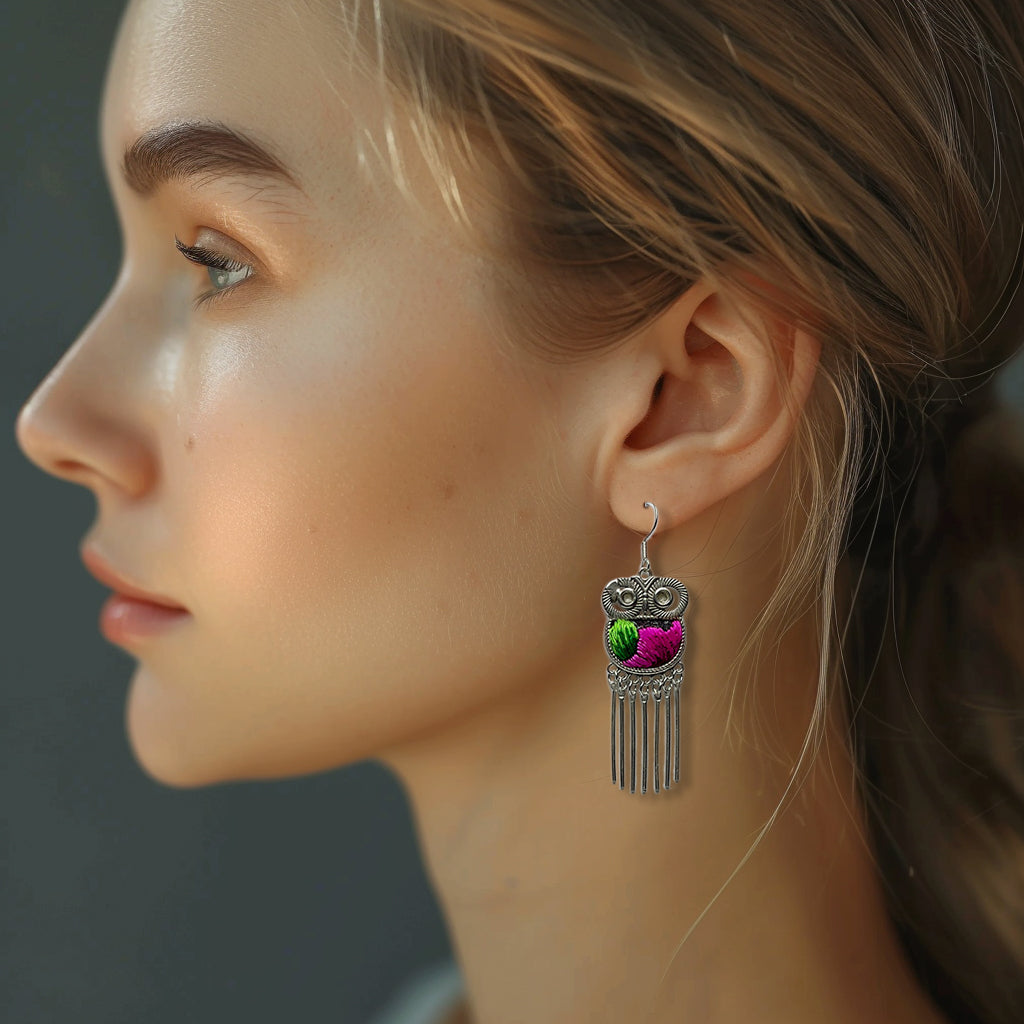 Miao Ethnic Hand-Embroidered,Owl for wisdom ,Earrings/E20