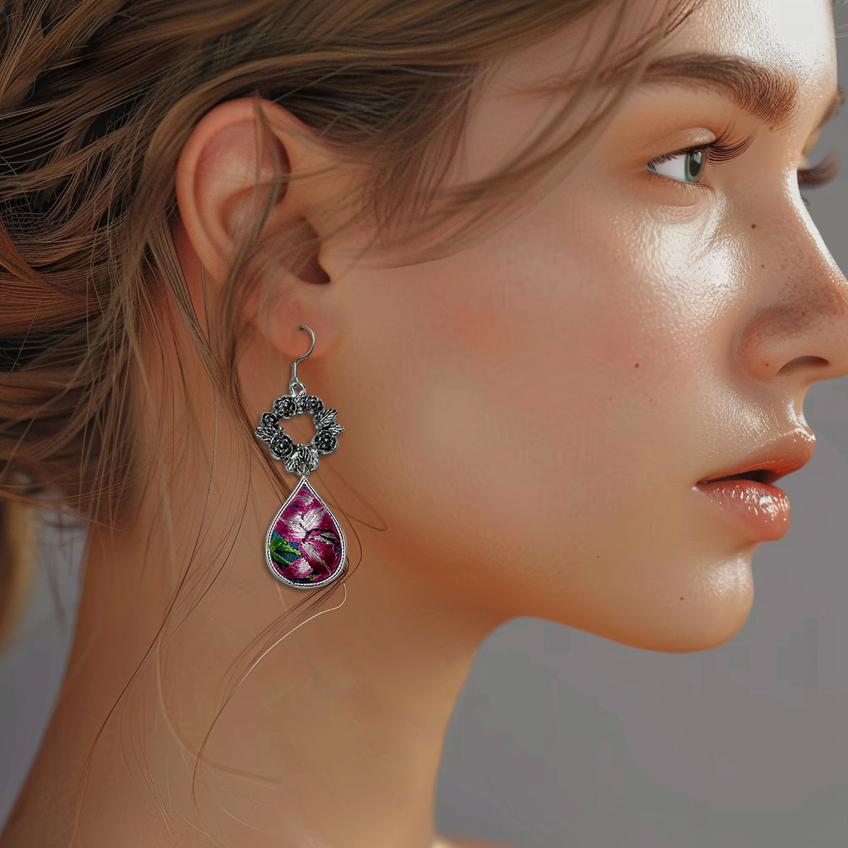 Miao Ethnic Hand-Embroidered, WaterDroplet for health, Earrings/A4